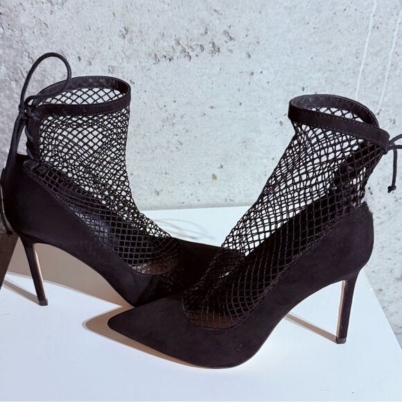 Zara Suede Black Fishnet Sock Heels Shoes Sz 38(7.5) - Picture 5 of 13